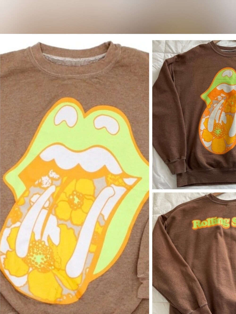 Rolling Stones Brown Retro Floral 👄 Graphic Sweatshirt size Large